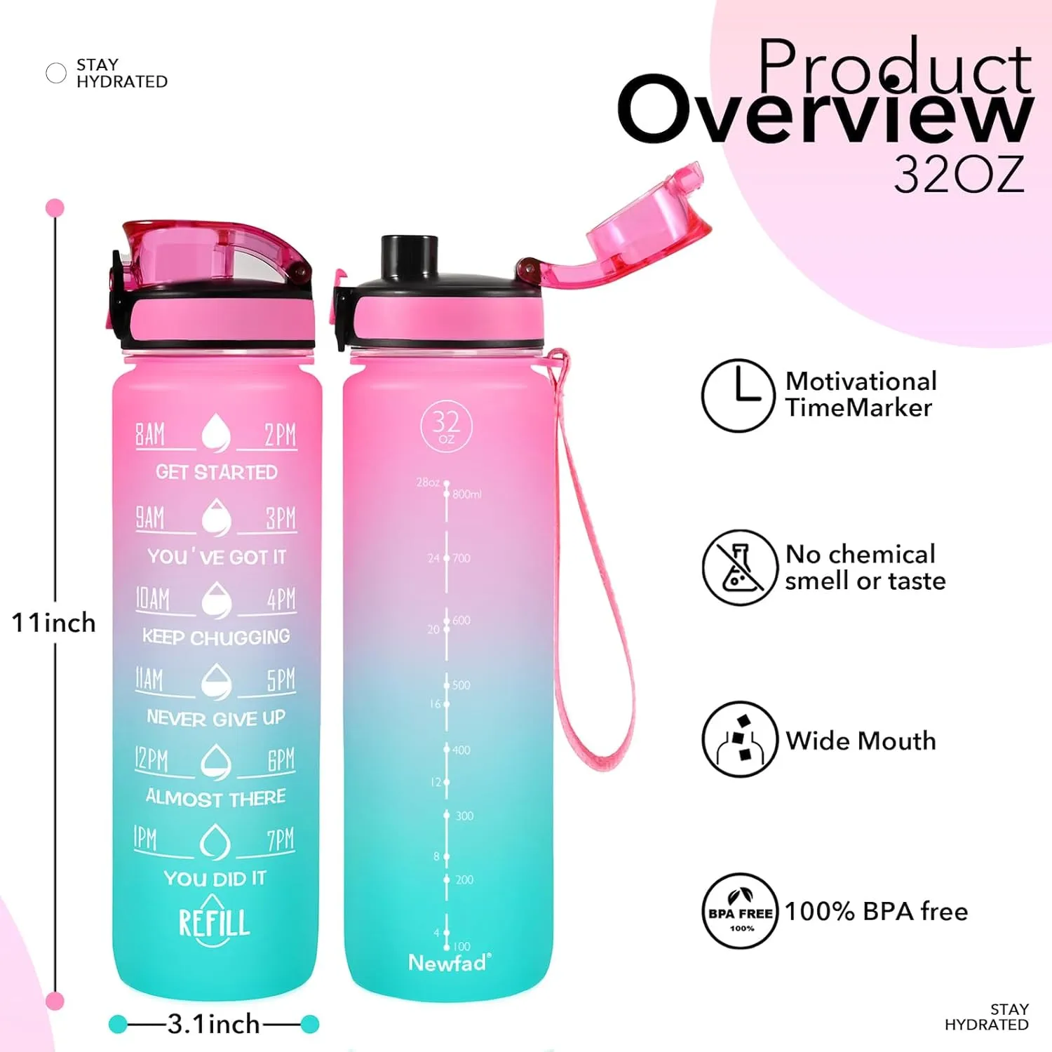 32 oz Water Bottles with Straw & Strap, Motivational Water Bottles with Times to Drink, BPA Free Reusable Sports Water Bottle with Sleeve Carrier for Gym, Workout or Fitness (Butterfly in Love)