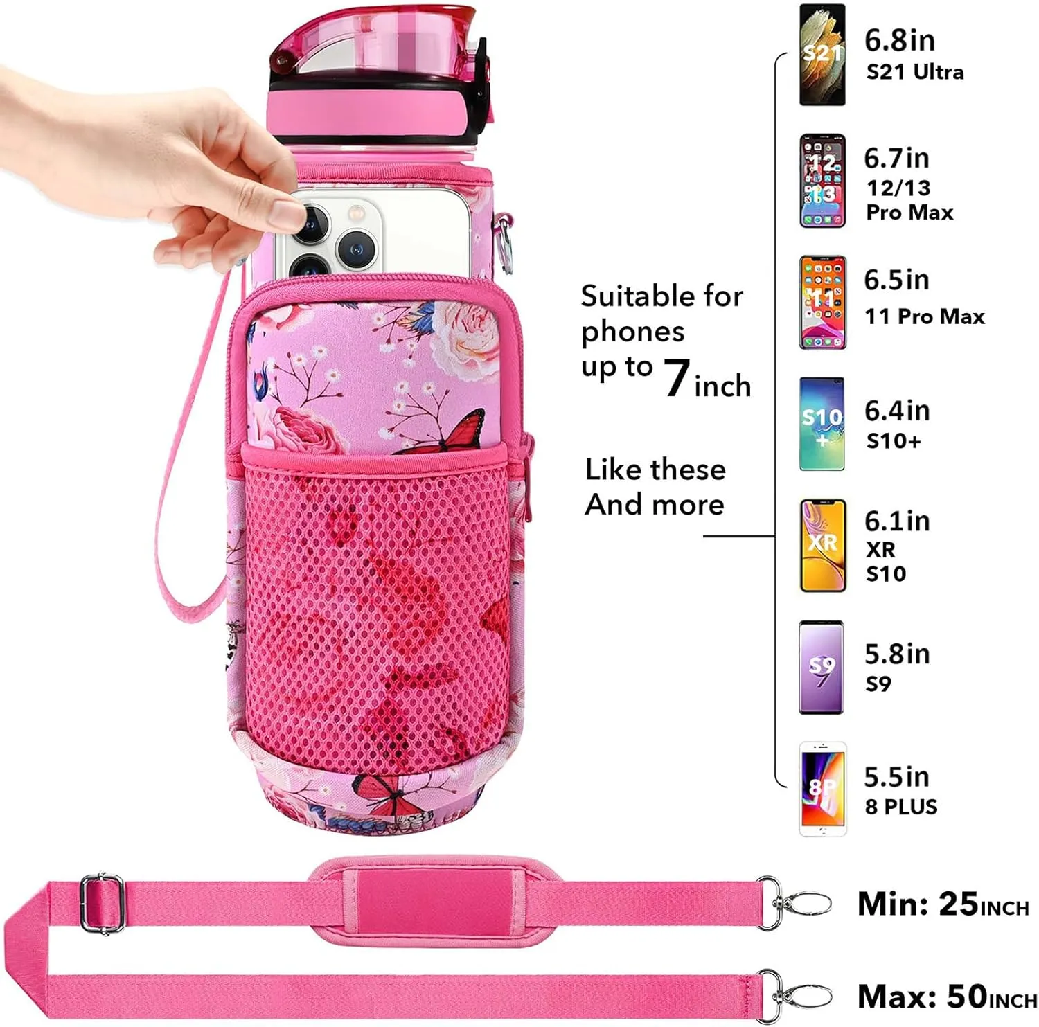 32 oz Water Bottles with Straw & Strap, Motivational Water Bottles with Times to Drink, BPA Free Reusable Sports Water Bottle with Sleeve Carrier for Gym, Workout or Fitness (Butterfly in Love)