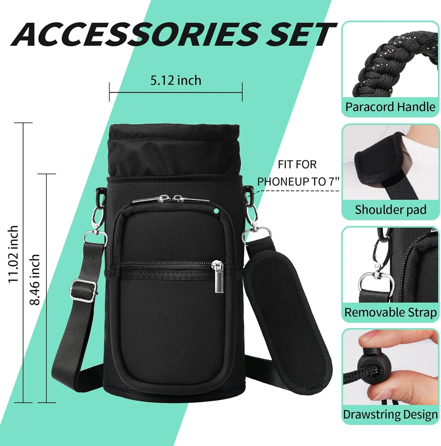 32/40/64/87/128 oz Water Bottle Carrier Bag, Neoprene Water Bottle Sleeve with 4 Pocket, Sport Water Holder with Paracord Handle and Shoulder Strap for Walking Hiking Camping Gym