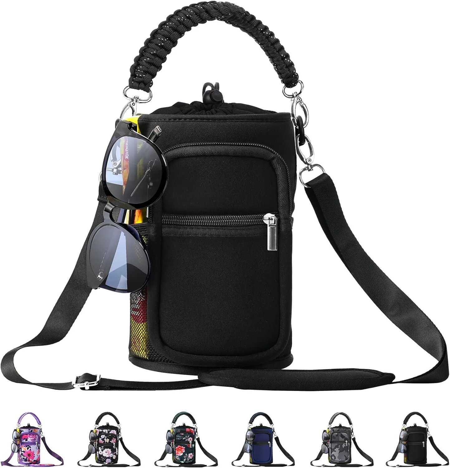 32/40/64/87/128 oz Water Bottle Carrier Bag, Neoprene Water Bottle Sleeve with 4 Pocket, Sport Water Holder with Paracord Handle and Shoulder Strap for Walking Hiking Camping Gym