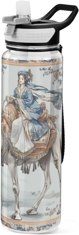 32oz Chinese Ethnic Tribe Camel Woman Vintage Water Bottle with Handle Tritan BPA Free Lead non toxic Water Jug for Sports Collapsible