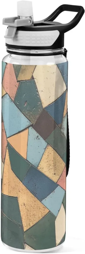 32oz Colorful Geometic Brick Abstract Straw Water Bottles Tritan Clear BPA Free non toxic Water Jug for Work for Travelling Collapsible