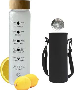 32oz Glass Motivational Daily Water Intake Bottle with Time to Drink, with Leakproof Bamboo Lid and Sleeve, Dishwasher Safe BPA free for Cold and Hot Drinks (Cream)