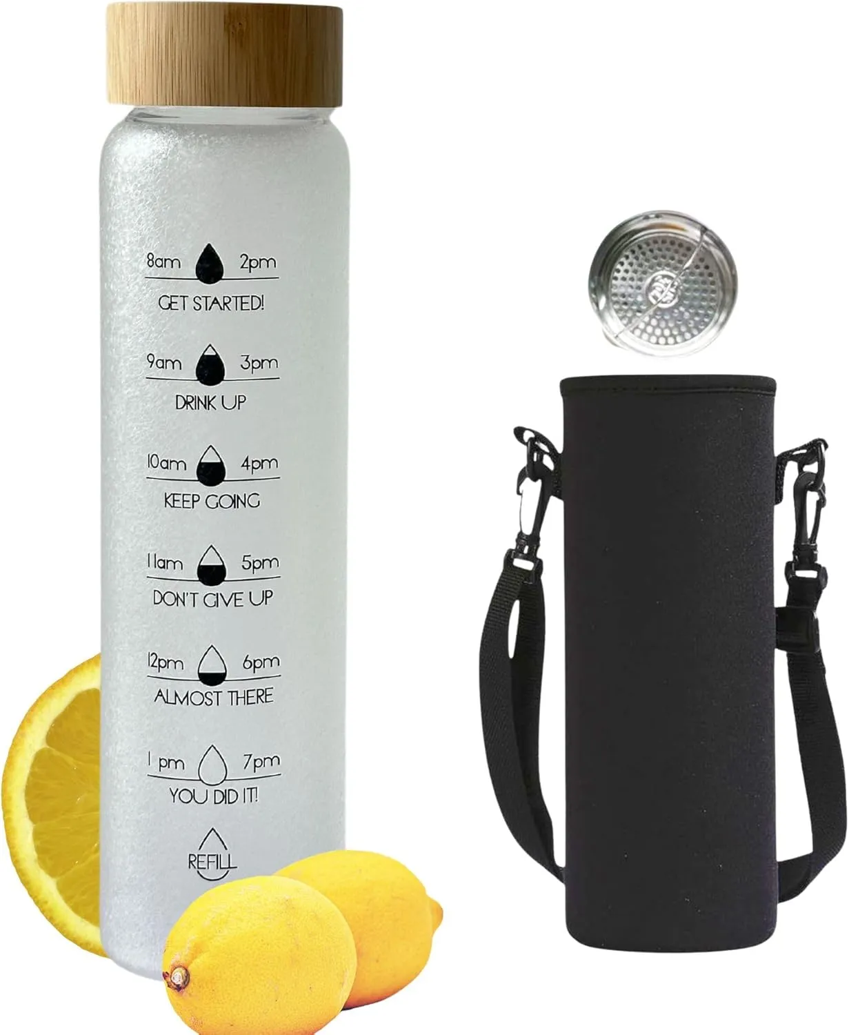 32oz Glass Motivational Daily Water Intake Bottle with Time to Drink, with Leakproof Bamboo Lid and Sleeve, Dishwasher Safe BPA free for Cold and Hot Drinks (Cream)