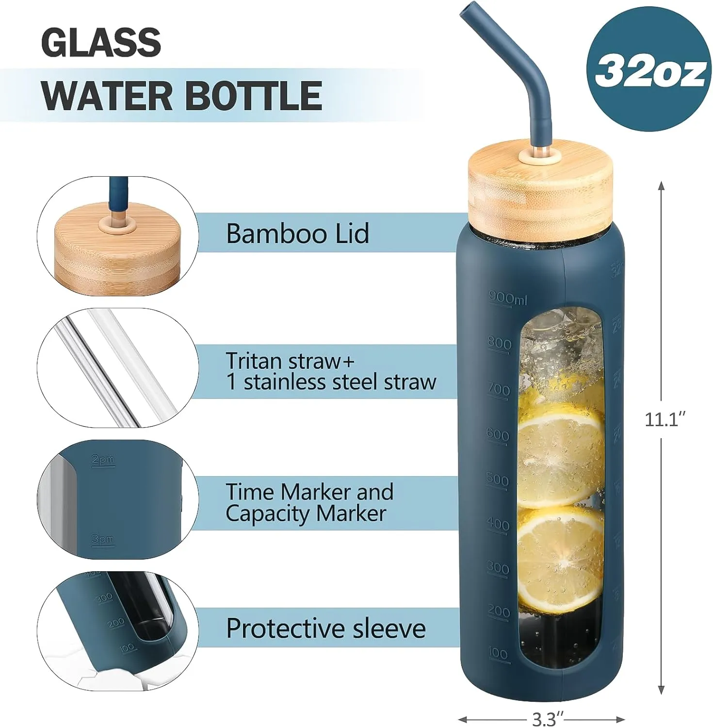 32oz Glass Water Bottle with Straw and 2 Lids- Bamboo and Handle Spout Lid, Glass Drinking Bottles with Silicone Sleeve Motivational Time Marker For Gym, Sports,Cup Holder, Dark Blue