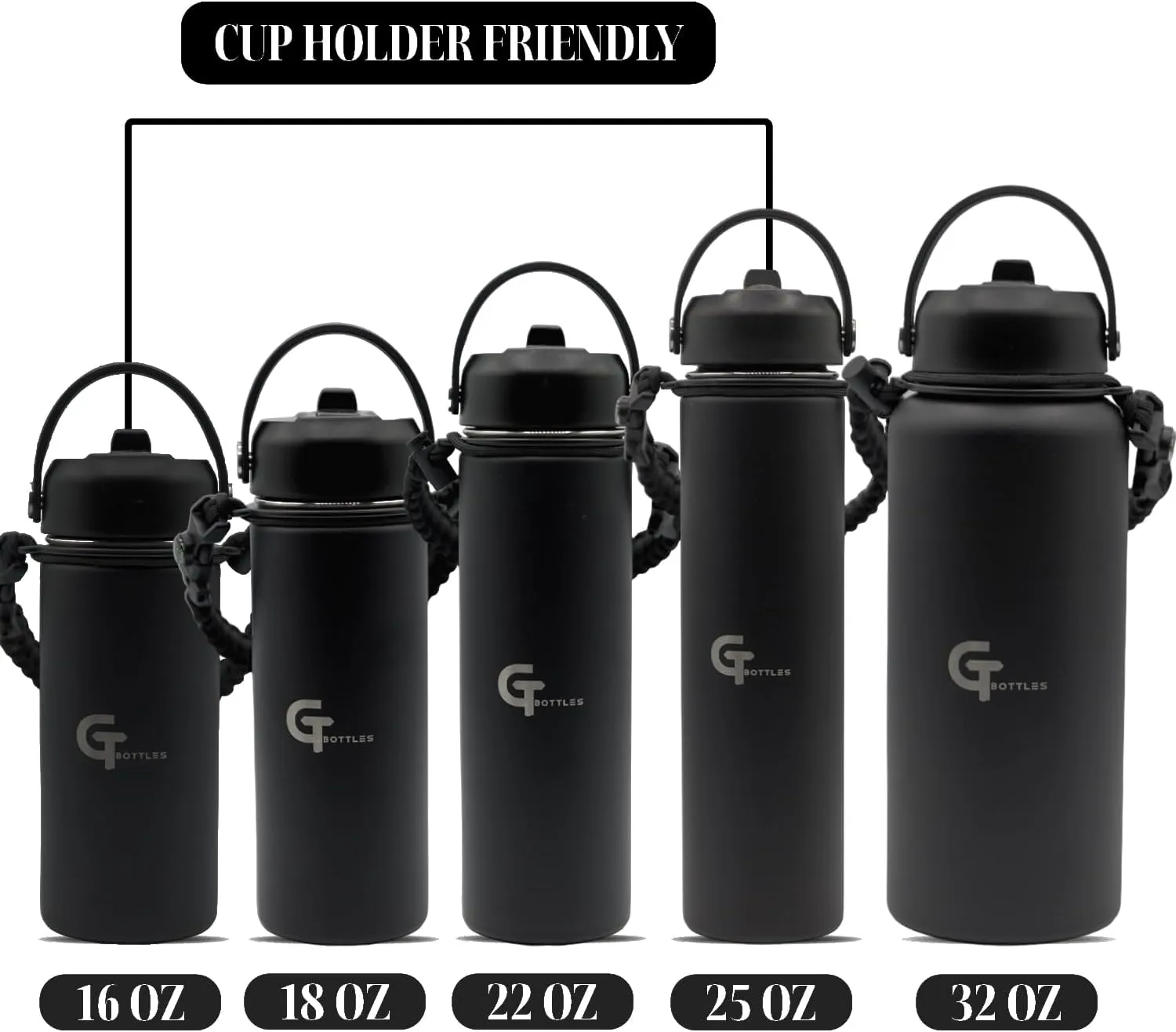 32oz Stainless Steel Vacuum Insulated Wide Mouth Water Bottle with 3 Lids and Paracord Handle for Hot & Cold Beverage (Black, 32oz)