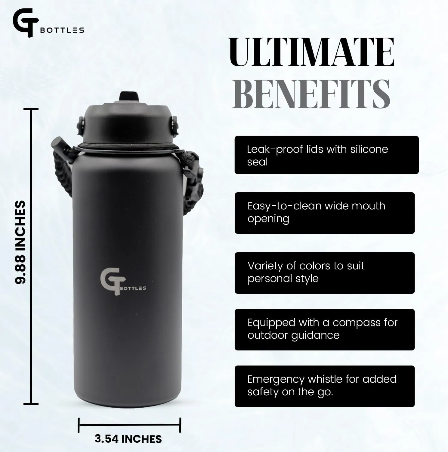 32oz Stainless Steel Vacuum Insulated Wide Mouth Water Bottle with 3 Lids and Paracord Handle for Hot & Cold Beverage (Black, 32oz)