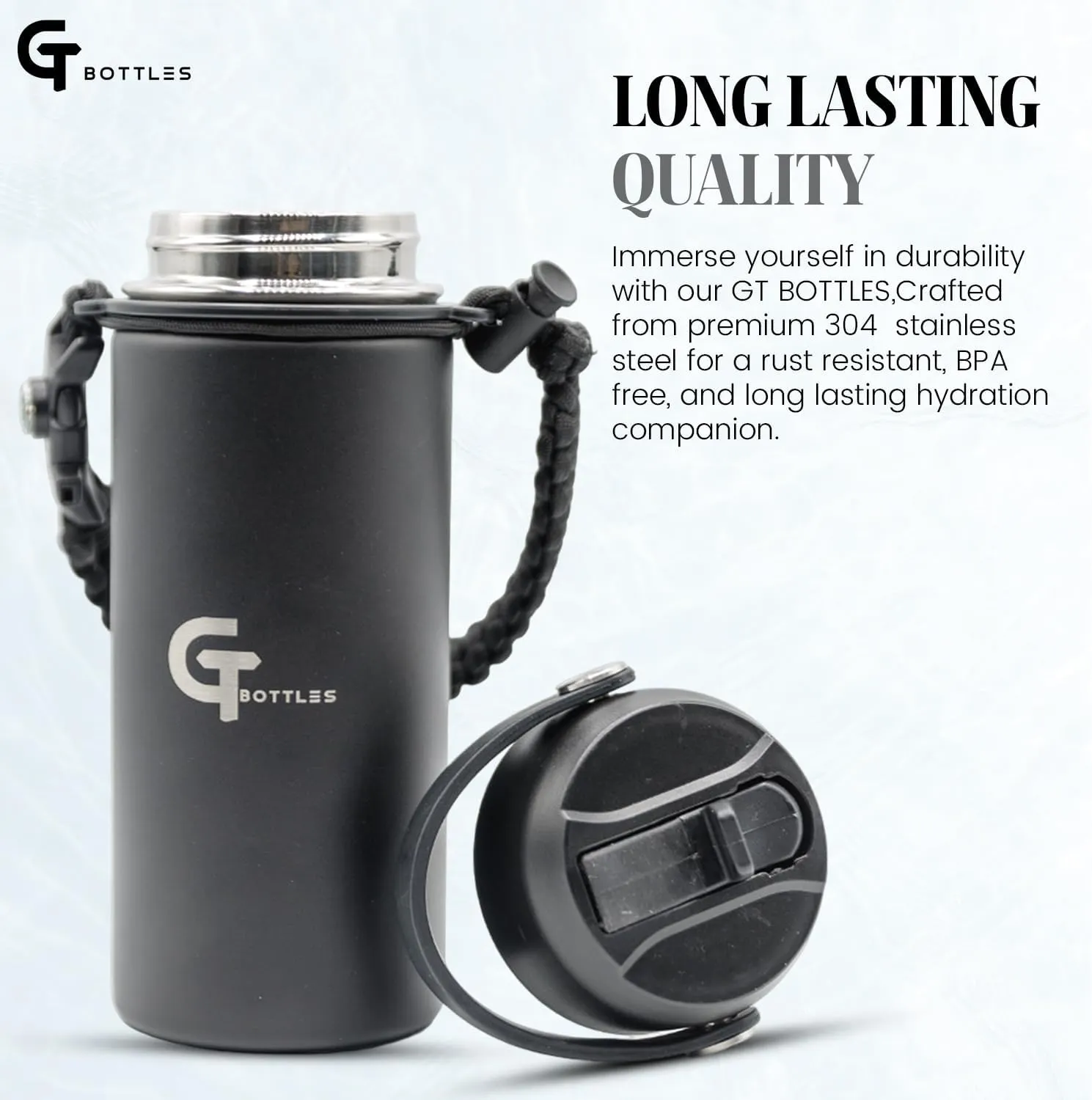 32oz Stainless Steel Vacuum Insulated Wide Mouth Water Bottle with 3 Lids and Paracord Handle for Hot & Cold Beverage (Black, 32oz)