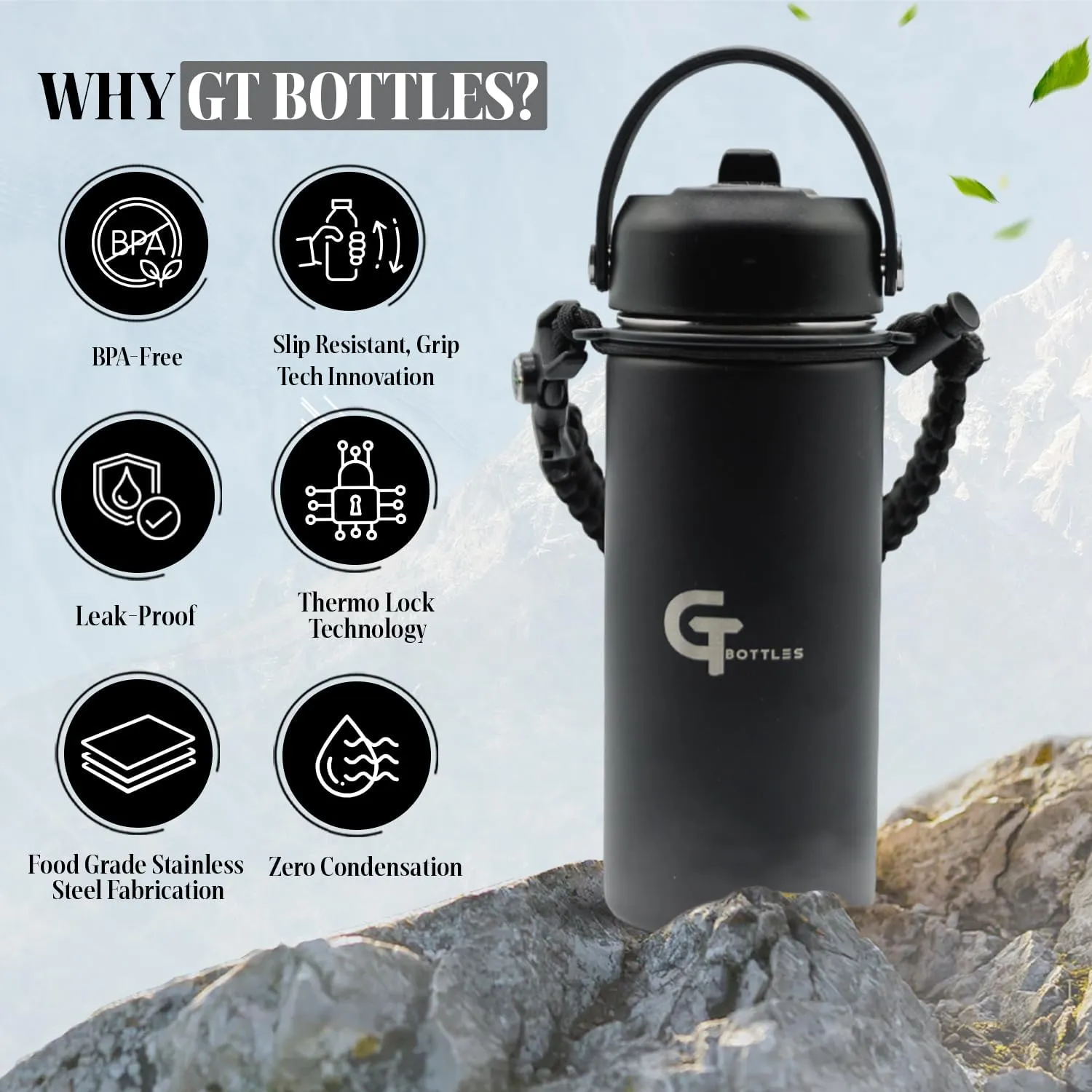 32oz Stainless Steel Vacuum Insulated Wide Mouth Water Bottle with 3 Lids and Paracord Handle for Hot & Cold Beverage (Black, 32oz)