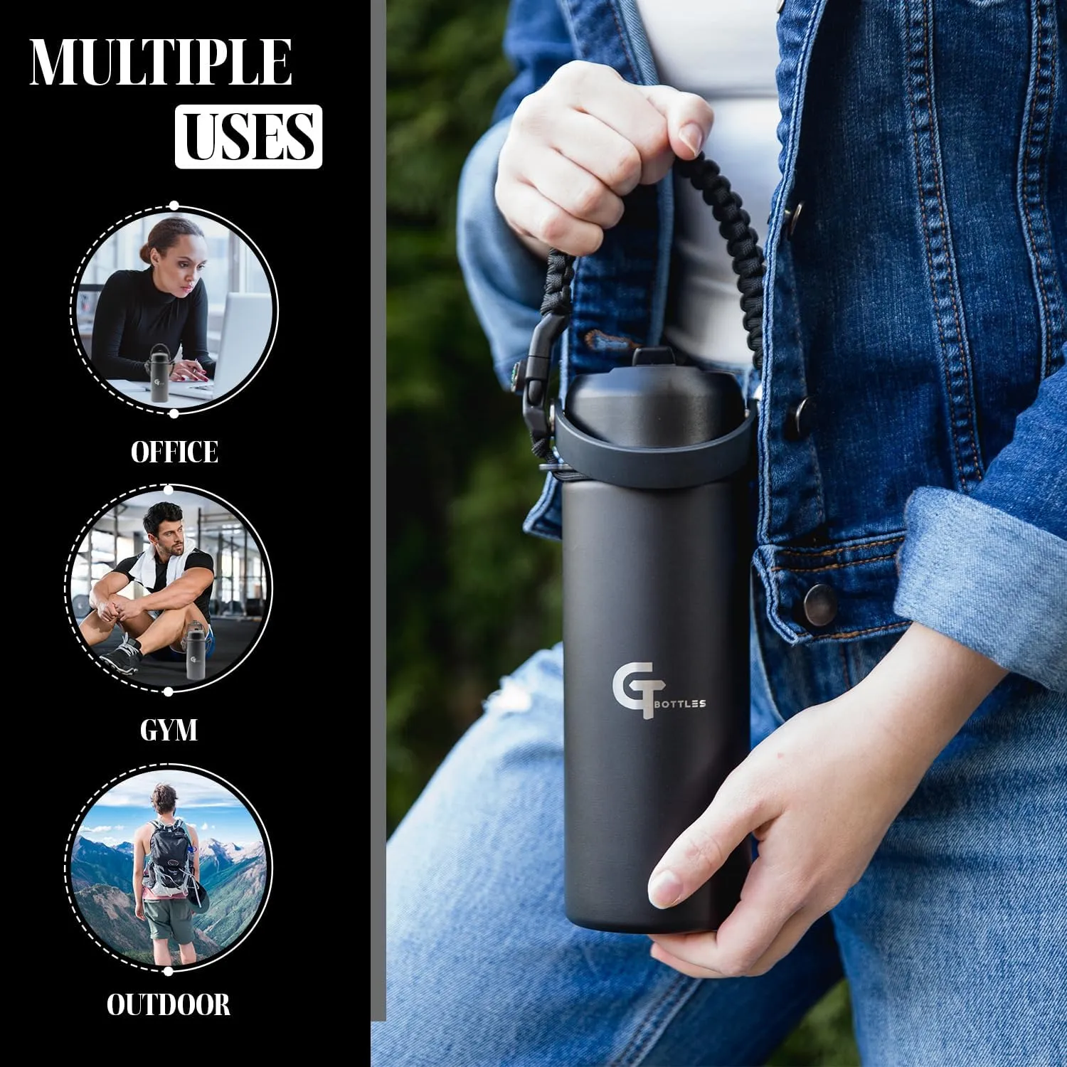 32oz Stainless Steel Vacuum Insulated Wide Mouth Water Bottle with 3 Lids and Paracord Handle for Hot & Cold Beverage (Black, 32oz)