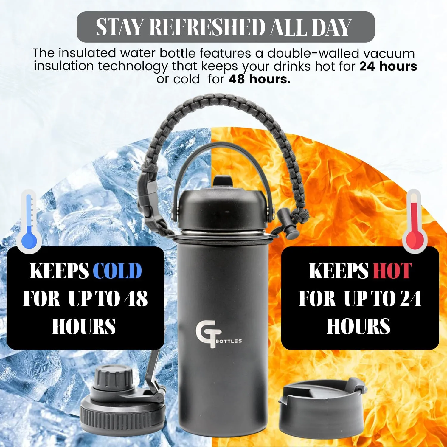 32oz Stainless Steel Vacuum Insulated Wide Mouth Water Bottle with 3 Lids and Paracord Handle for Hot & Cold Beverage (Black, 32oz)