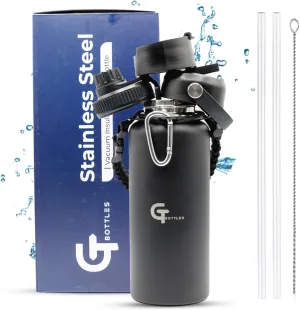 32oz Stainless Steel Vacuum Insulated Wide Mouth Water Bottle with 3 Lids and Paracord Handle for Hot & Cold Beverage (Black, 32oz)