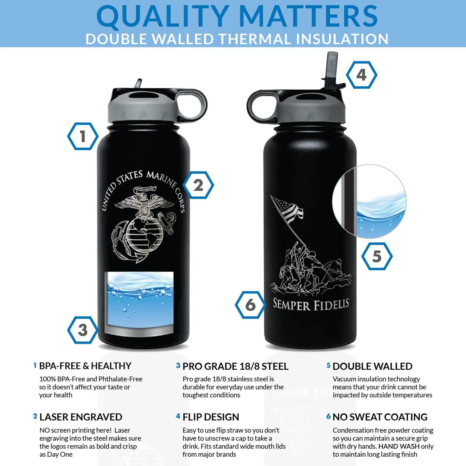 32oz USMC Stainless Steel Marine Corps Water Bottle - Double Wall Vacuum Insulated