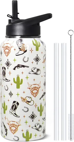 32oz Western Stainless Insulated Aater Water Bottle with Straw,Western Cow Skull Gym Hiking Sports Coffee Mug Cup Water Bottles,Western Cow Skull Cowboy Copper Cowgirl Decor Stuff Accessories
