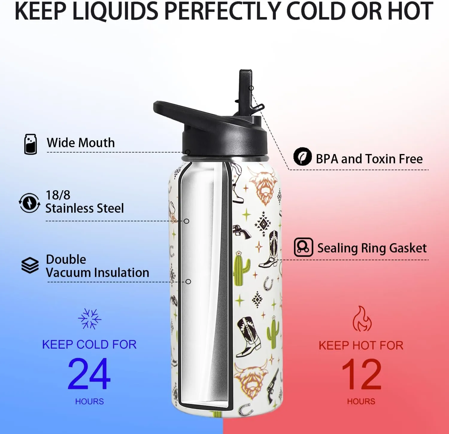 32oz Western Stainless Insulated Aater Water Bottle with Straw,Western Cow Skull Gym Hiking Sports Coffee Mug Cup Water Bottles,Western Cow Skull Cowboy Copper Cowgirl Decor Stuff Accessories