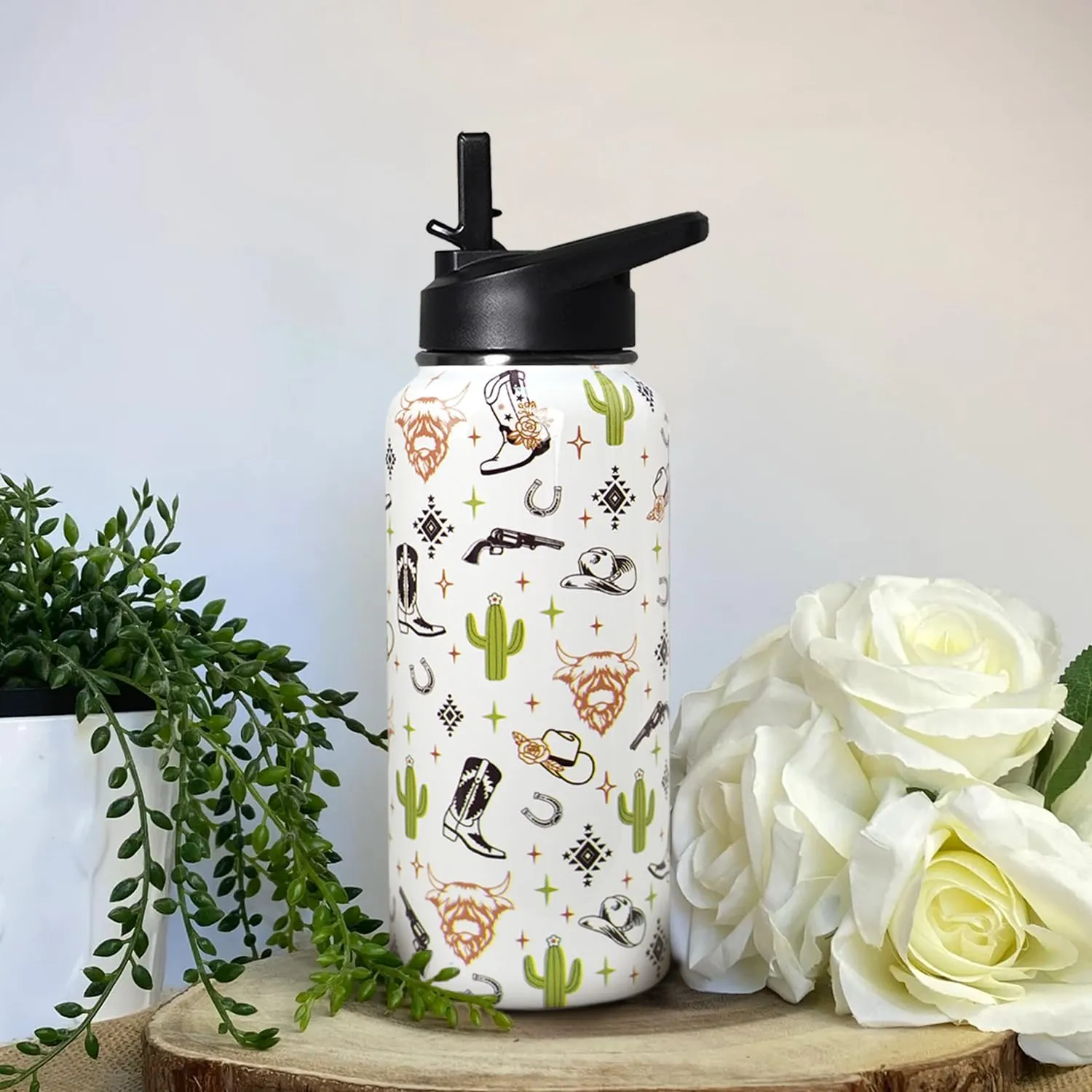 32oz Western Stainless Insulated Aater Water Bottle with Straw,Western Cow Skull Gym Hiking Sports Coffee Mug Cup Water Bottles,Western Cow Skull Cowboy Copper Cowgirl Decor Stuff Accessories
