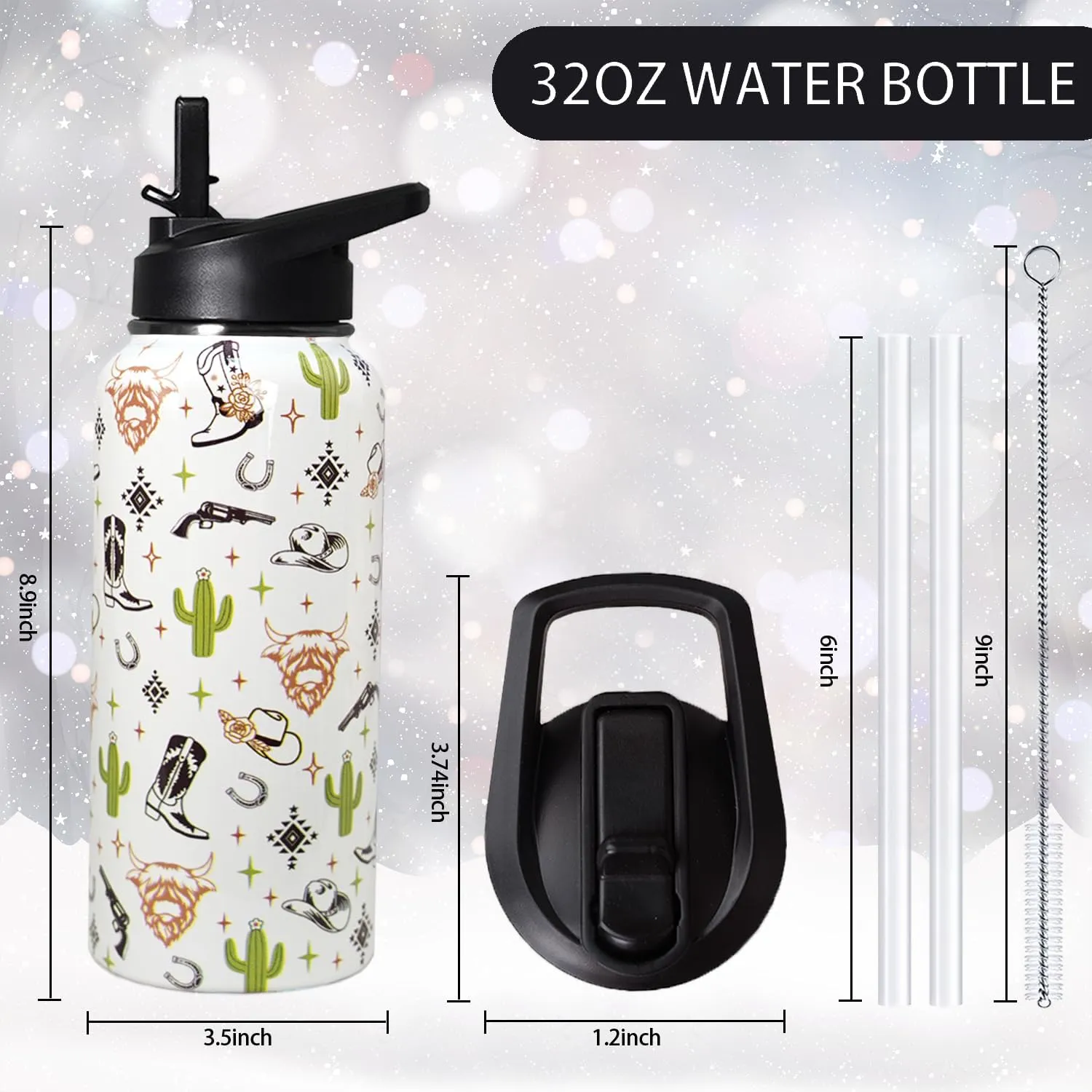 32oz Western Stainless Insulated Aater Water Bottle with Straw,Western Cow Skull Gym Hiking Sports Coffee Mug Cup Water Bottles,Western Cow Skull Cowboy Copper Cowgirl Decor Stuff Accessories