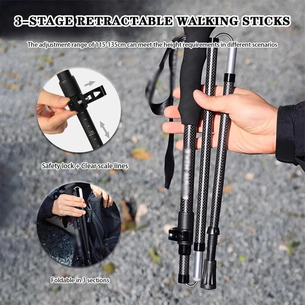 3K Carbon Fiber Trekking Pole (1pc), Collapsible Lightweight Walking Stick, with EVA Grips, for Men, Women, and Seniors