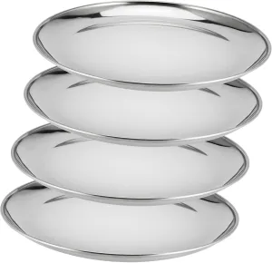 4 PCS 10 Inch Stainless Steel Plates, Round Metal Dinner Plate, Stainless Steel Dinner Dishes for Parting, Outdoor Camping, Salad, Fruit, Dishwasher Safe, Silver