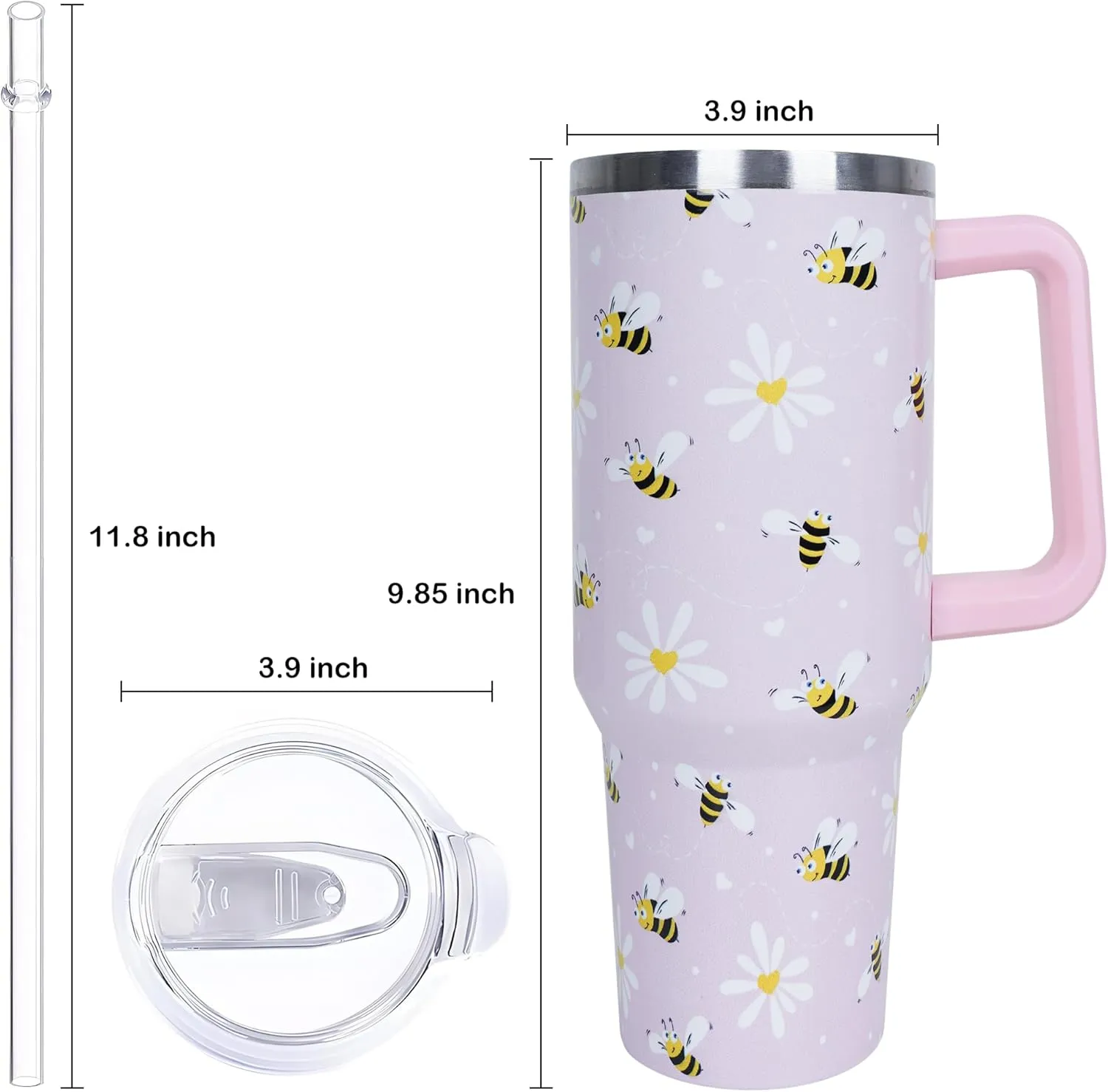 40 oz Cute Daisy Bee Tumbler with Handle and Straw, Stainless Steel Insulated Cup with Lid and Straw, Travel Mug Water Bottle, Gifts for Women