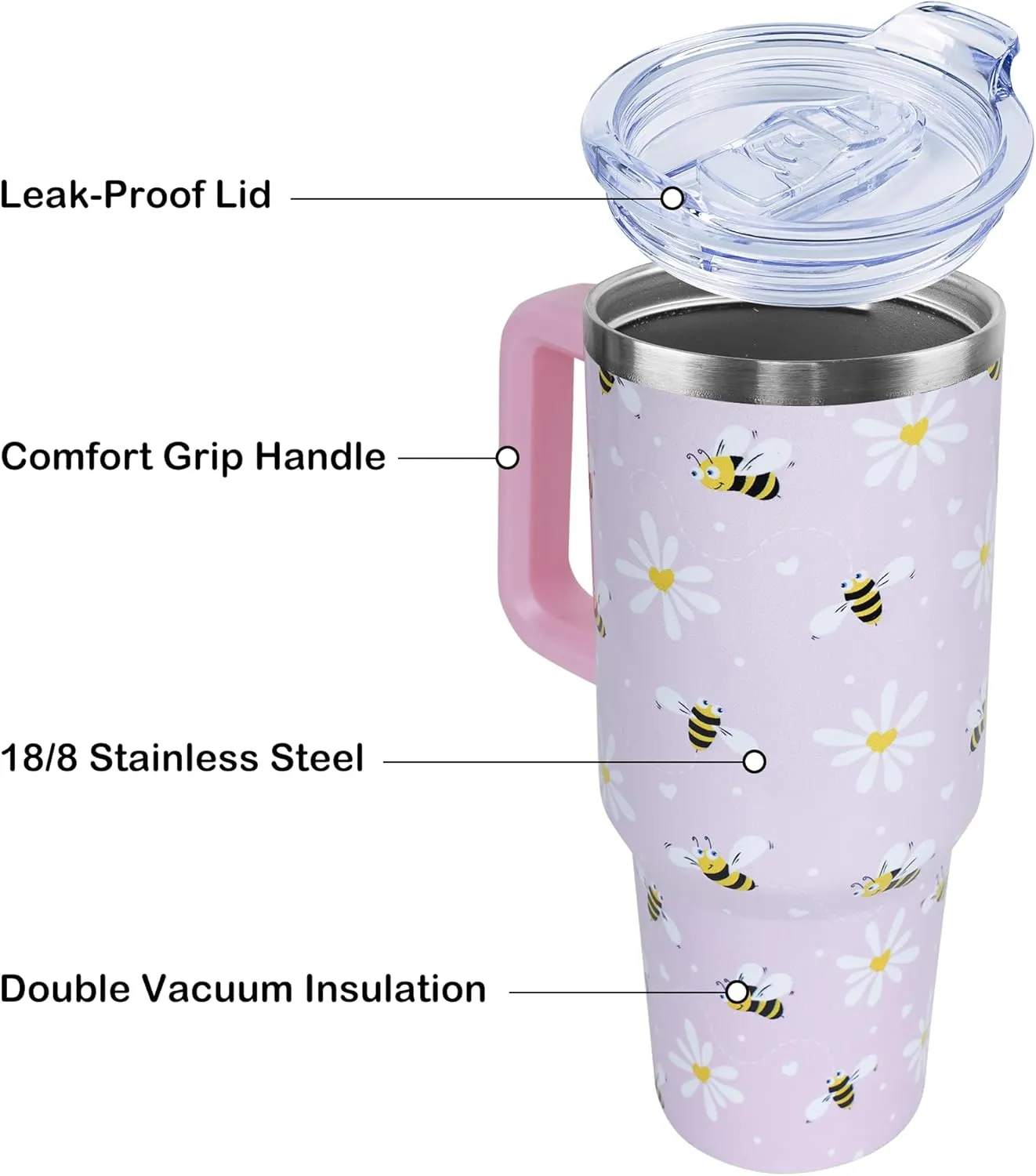 40 oz Cute Daisy Bee Tumbler with Handle and Straw, Stainless Steel Insulated Cup with Lid and Straw, Travel Mug Water Bottle, Gifts for Women