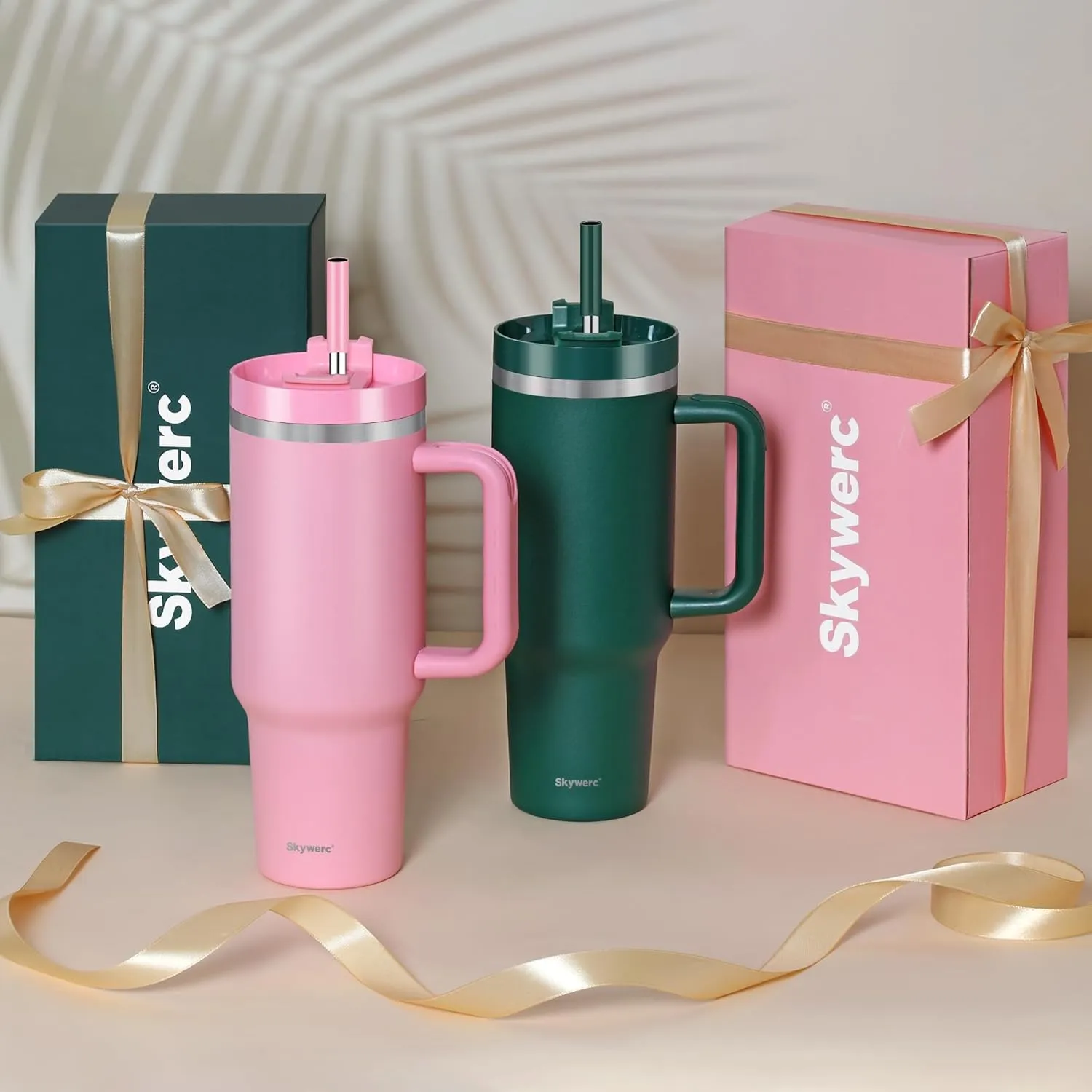 40 oz Tumbler with Handle and Straw, 2 Lids (2 in 1 & LeakProof Lid) - Vacuum Insulated Stainless Steel Double Wall Water Bottle Travel Mug - Holiday Gifts for Women Men - Baby Pink