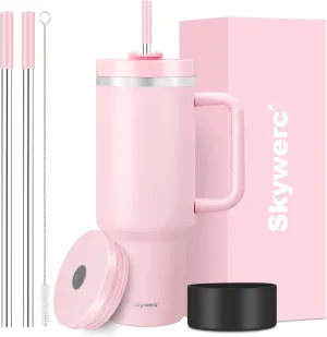 40 oz Tumbler with Handle and Straw, 2 Lids (2 in 1 & LeakProof Lid) - Vacuum Insulated Stainless Steel Double Wall Water Bottle Travel Mug - Holiday Gifts for Women Men - Baby Pink