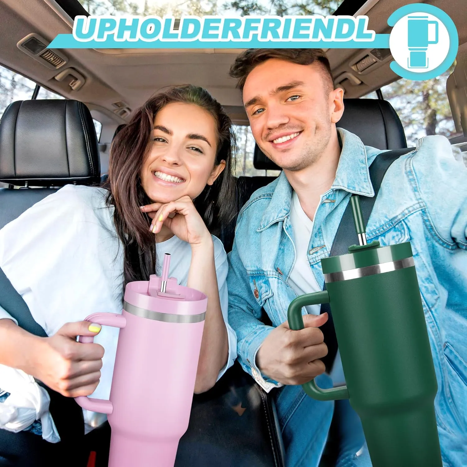 40 oz Tumbler with Handle and Straw, 2 Lids (2 in 1 & LeakProof Lid) - Vacuum Insulated Stainless Steel Double Wall Water Bottle Travel Mug - Holiday Gifts for Women Men - Baby Pink