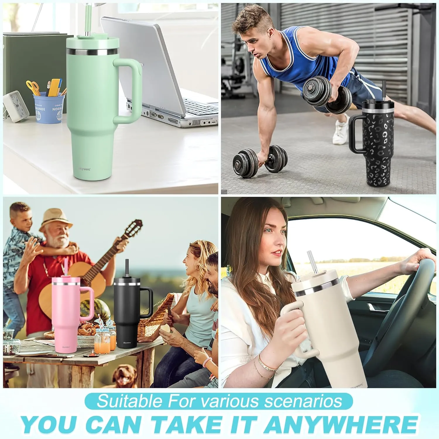 40 oz Tumbler with Handle and Straw, 2 Lids (2 in 1 & LeakProof Lid) - Vacuum Insulated Stainless Steel Double Wall Water Bottle Travel Mug - Holiday Gifts for Women Men - Baby Pink