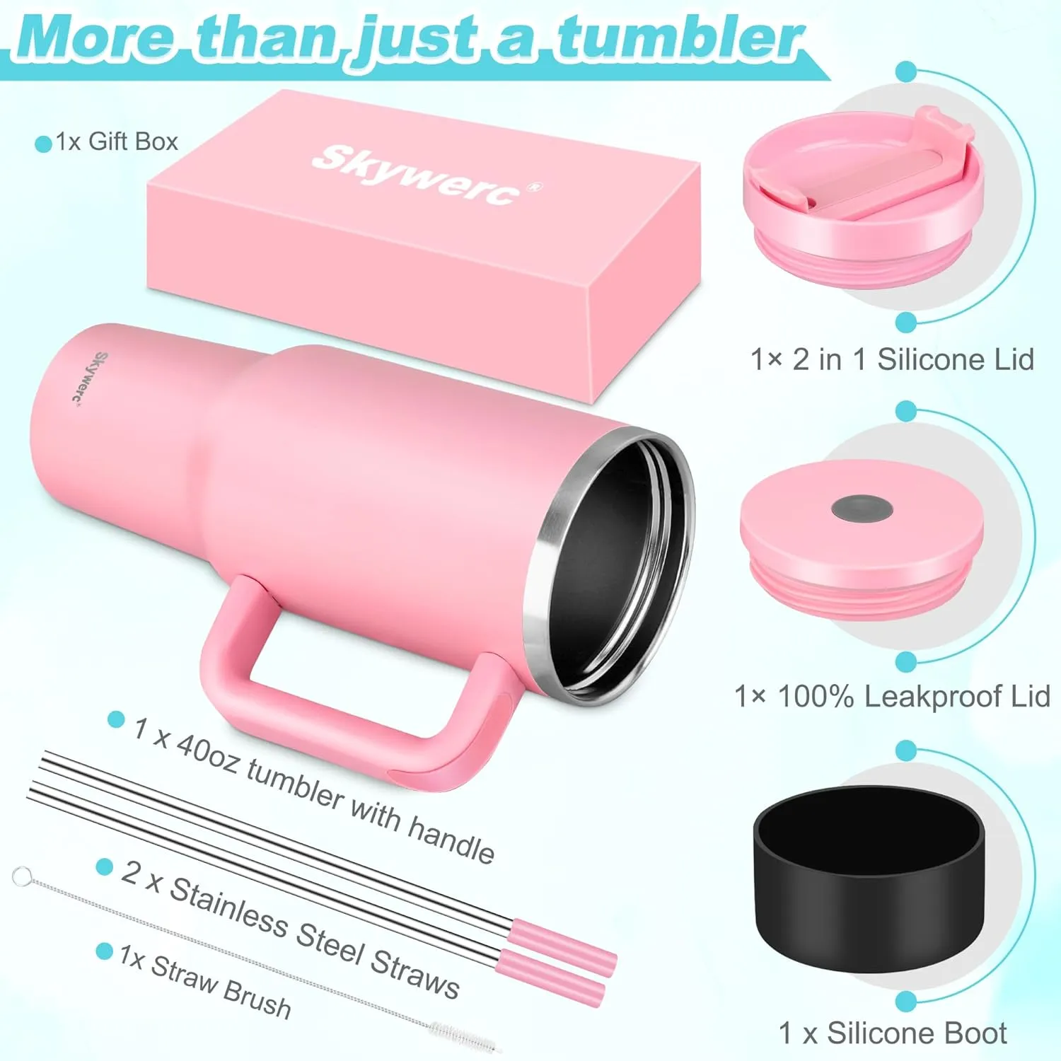 40 oz Tumbler with Handle and Straw, 2 Lids (2 in 1 & LeakProof Lid) - Vacuum Insulated Stainless Steel Double Wall Water Bottle Travel Mug - Holiday Gifts for Women Men - Baby Pink