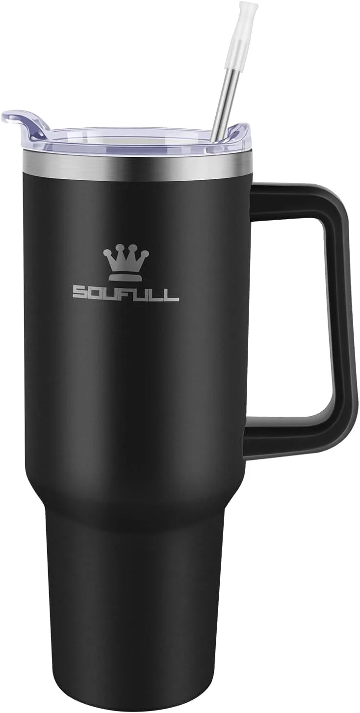 40 oz Tumbler with Handle and Straw Lid, 100% Leak-proof Travel Coffee Mug, Stainless Steel Insulated Cup for Hot and Cold Beverages, Keeps Cold for 34Hrs or Hot for 10Hrs, Dishwasher Safe (Black)
