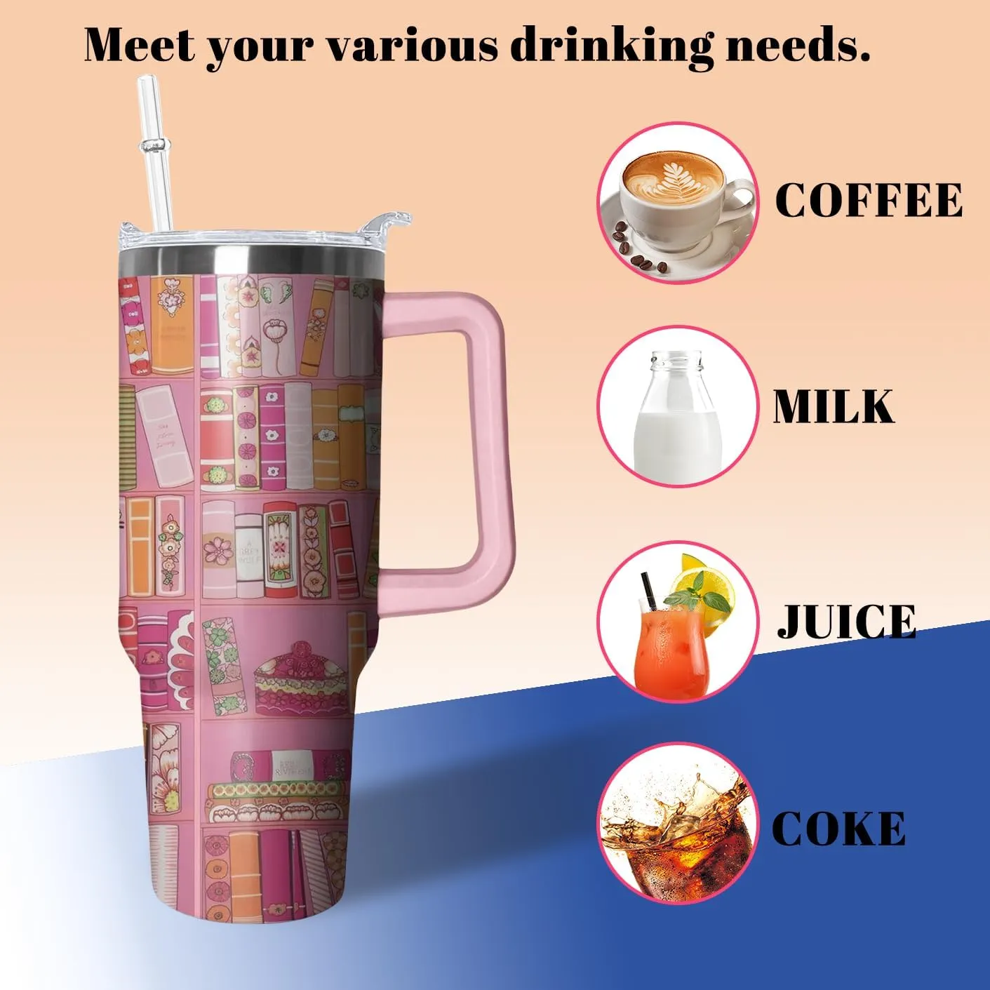40oz Book Tumbler with Handle and Straw, Book lovers Gifts for Women, Bookish Stainless Steel Travel Mug Water Bottle for Readers, Librarians, Bookaholics, Bookworms, Vacuum Insulated Cup with Lid