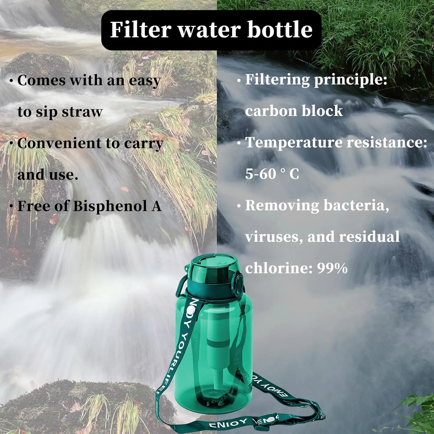 40oz Filtered Water Bottle, Portable Water Bottle with Filter BPA Free Tritan Reusable Filter Water Bottle with Strap for Travel, Hiking, Backpacking, Camping And Fitness, Green