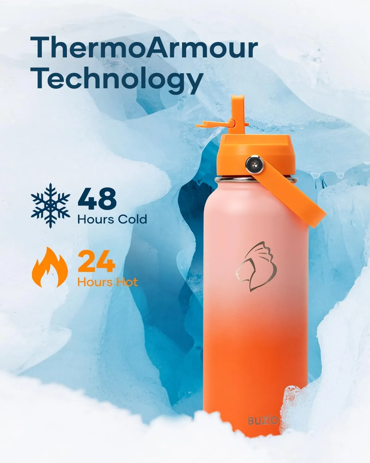 40oz Insulated Water Bottle, BUZIO Stainless Steel Water Flask with Straw Lid and Carrying Pouch, Keep Cold 48h Leak Proof Lead-Free Double Wall Vacuum Thermo Tumbler Sport Metal Canteen, Orange