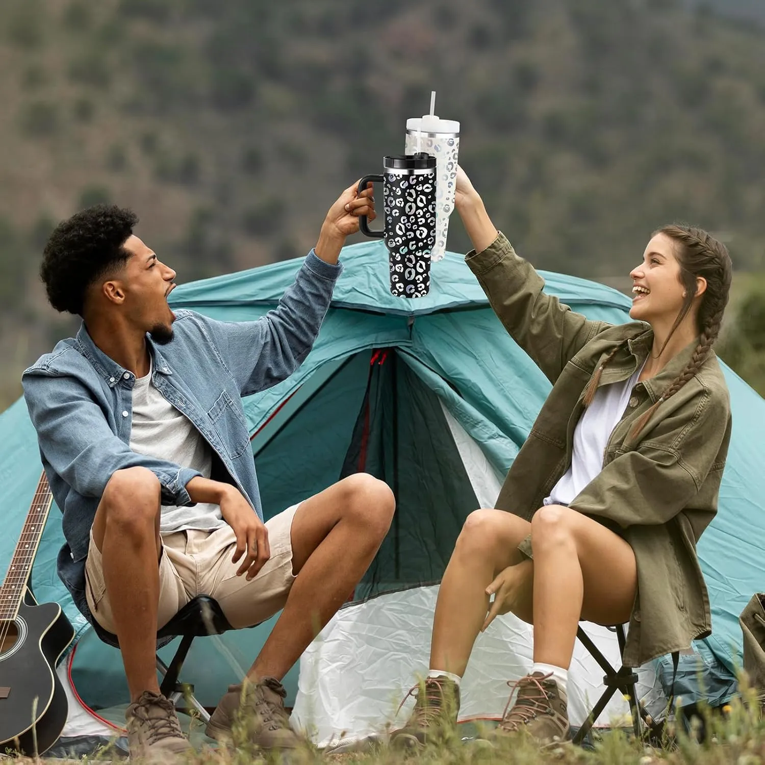 40oz Leopard Tumbler with Handle Straw Lid, Stainless Steel Vacuum Insulated Reusable Travel Mug Keep Drinks Cold Ice Gym Cup, Gifts for Women Lovers, Car Holder Friendly, White