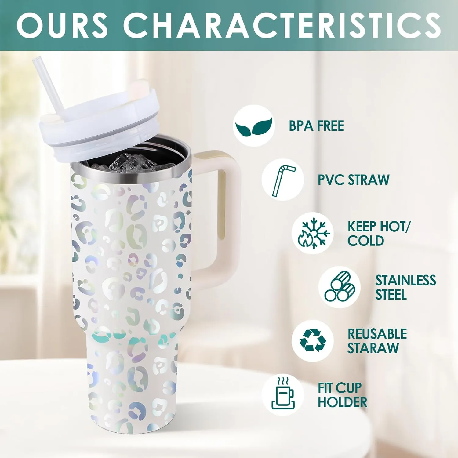 40oz Leopard Tumbler with Handle Straw Lid, Stainless Steel Vacuum Insulated Reusable Travel Mug Keep Drinks Cold Ice Gym Cup, Gifts for Women Lovers, Car Holder Friendly, White