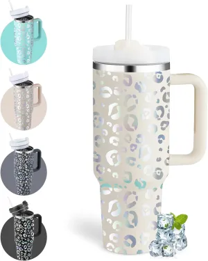 40oz Leopard Tumbler with Handle Straw Lid, Stainless Steel Vacuum Insulated Reusable Travel Mug Keep Drinks Cold Ice Gym Cup, Gifts for Women Lovers, Car Holder Friendly, White