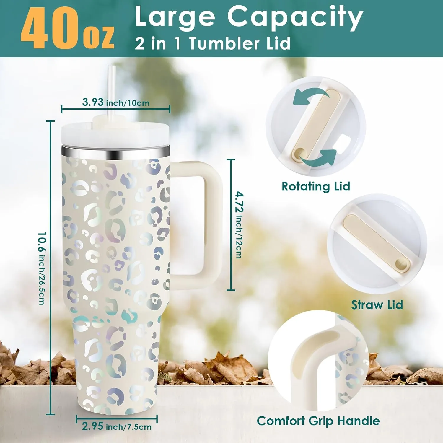 40oz Leopard Tumbler with Handle Straw Lid, Stainless Steel Vacuum Insulated Reusable Travel Mug Keep Drinks Cold Ice Gym Cup, Gifts for Women Lovers, Car Holder Friendly, White