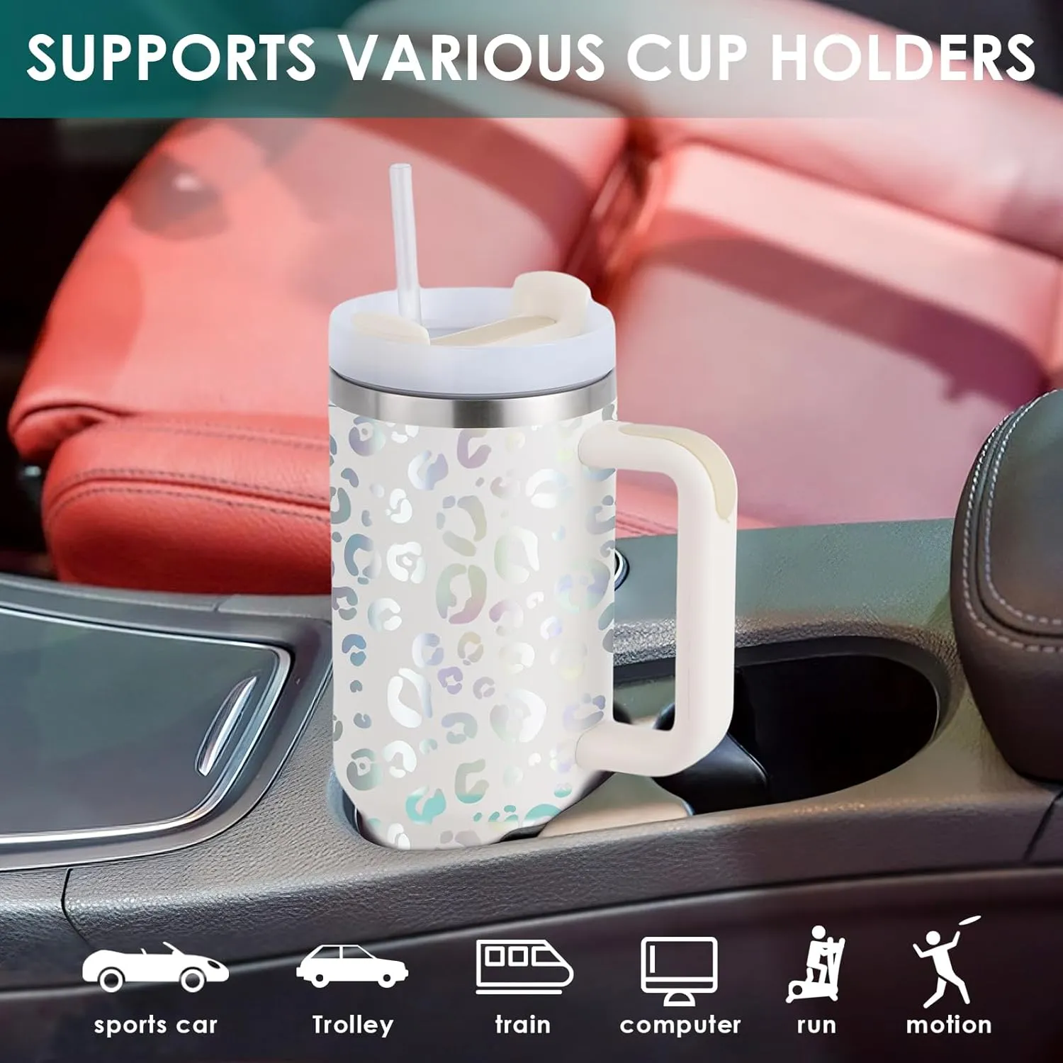 40oz Leopard Tumbler with Handle Straw Lid, Stainless Steel Vacuum Insulated Reusable Travel Mug Keep Drinks Cold Ice Gym Cup, Gifts for Women Lovers, Car Holder Friendly, White