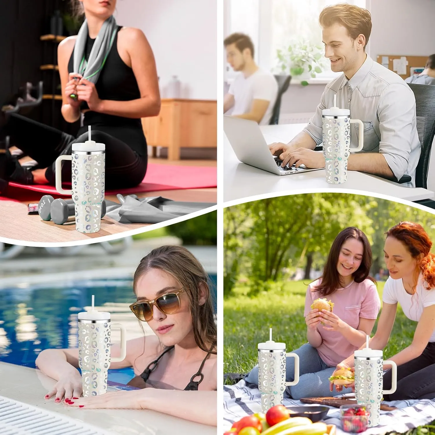 40oz Leopard Tumbler with Handle Straw Lid, Stainless Steel Vacuum Insulated Reusable Travel Mug Keep Drinks Cold Ice Gym Cup, Gifts for Women Lovers, Car Holder Friendly, White