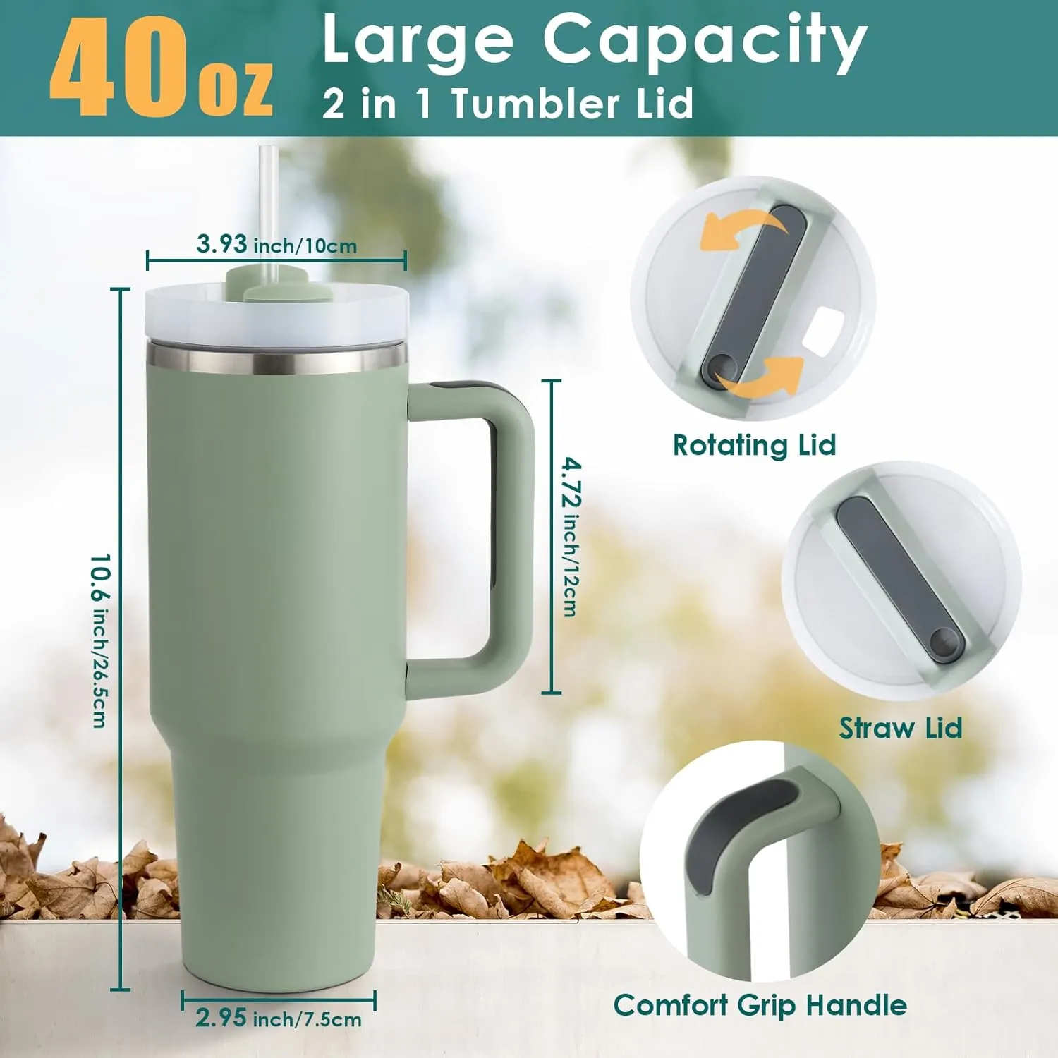 40oz Tumbler with Handle Straw Lid, Stainless Steel Vacuum Insulated Reusable Travel Mug Keep Drinks Cold Ice Gym Cup, Gifts for Women Men Lovers, Car Holder Friendly, Matcha Green