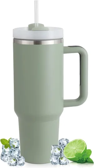 40oz Tumbler with Handle Straw Lid, Stainless Steel Vacuum Insulated Reusable Travel Mug Keep Drinks Cold Ice Gym Cup, Gifts for Women Men Lovers, Car Holder Friendly, Matcha Green