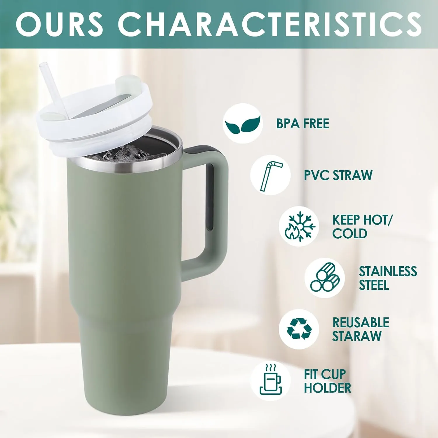40oz Tumbler with Handle Straw Lid, Stainless Steel Vacuum Insulated Reusable Travel Mug Keep Drinks Cold Ice Gym Cup, Gifts for Women Men Lovers, Car Holder Friendly, Matcha Green