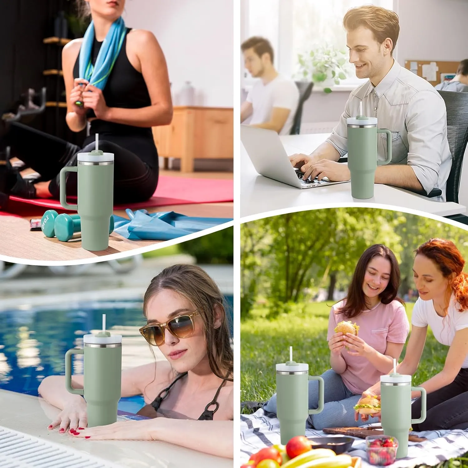 40oz Tumbler with Handle Straw Lid, Stainless Steel Vacuum Insulated Reusable Travel Mug Keep Drinks Cold Ice Gym Cup, Gifts for Women Men Lovers, Car Holder Friendly, Matcha Green
