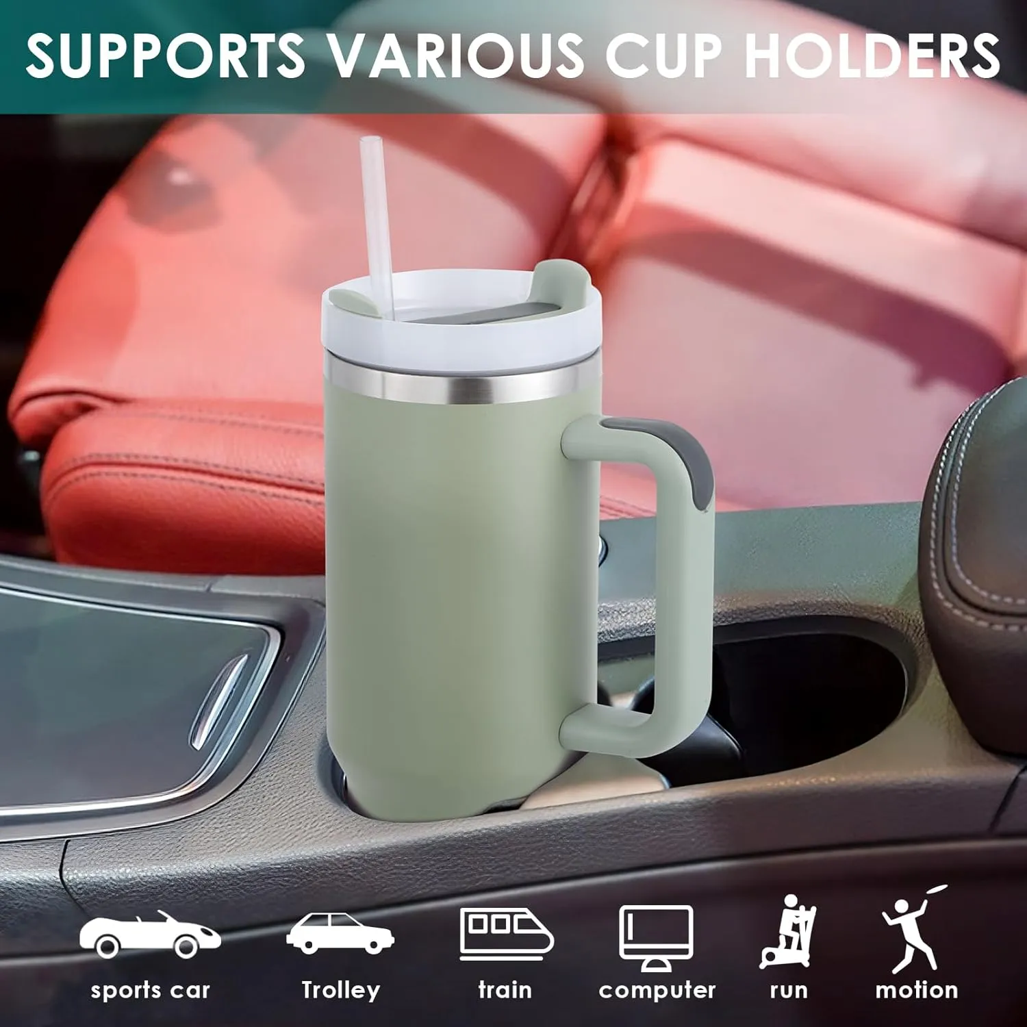 40oz Tumbler with Handle Straw Lid, Stainless Steel Vacuum Insulated Reusable Travel Mug Keep Drinks Cold Ice Gym Cup, Gifts for Women Men Lovers, Car Holder Friendly, Matcha Green