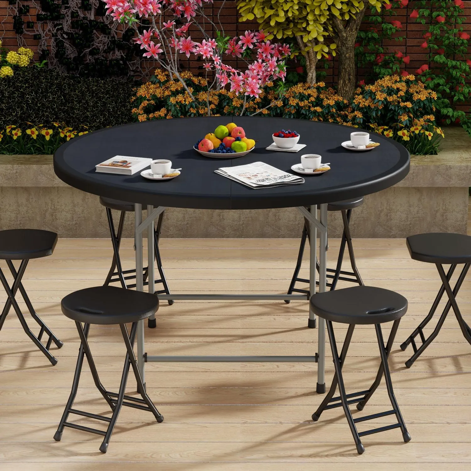 48 Inch Round Folding Table with Carry Handle, Portable Heavy Duty Plastic Utility Table with Steel Legs for Party, Wedding, Camping, Indoor, Outdoor Event, Black