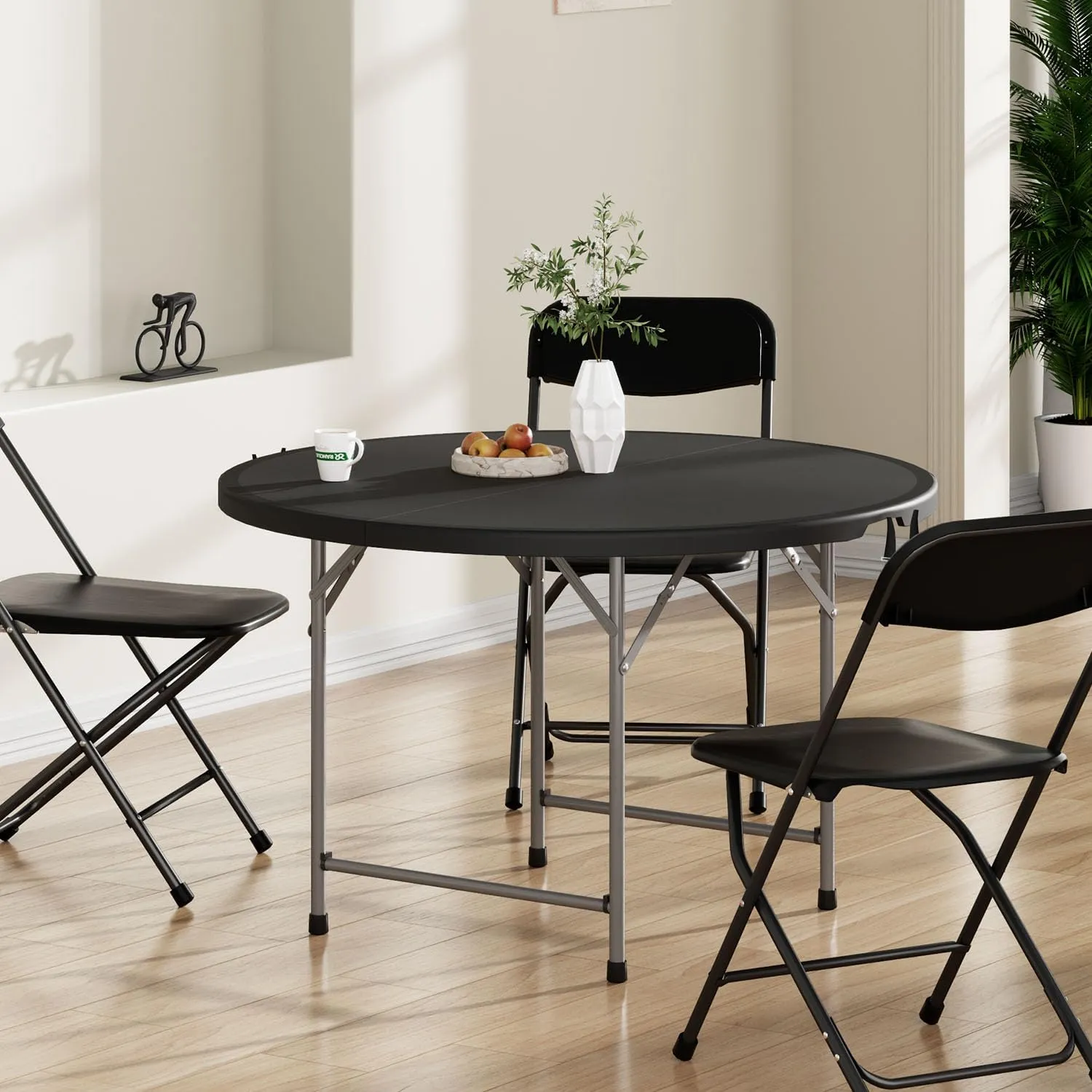 48 Inch Round Folding Table with Carry Handle, Portable Heavy Duty Plastic Utility Table with Steel Legs for Party, Wedding, Camping, Indoor, Outdoor Event, Black