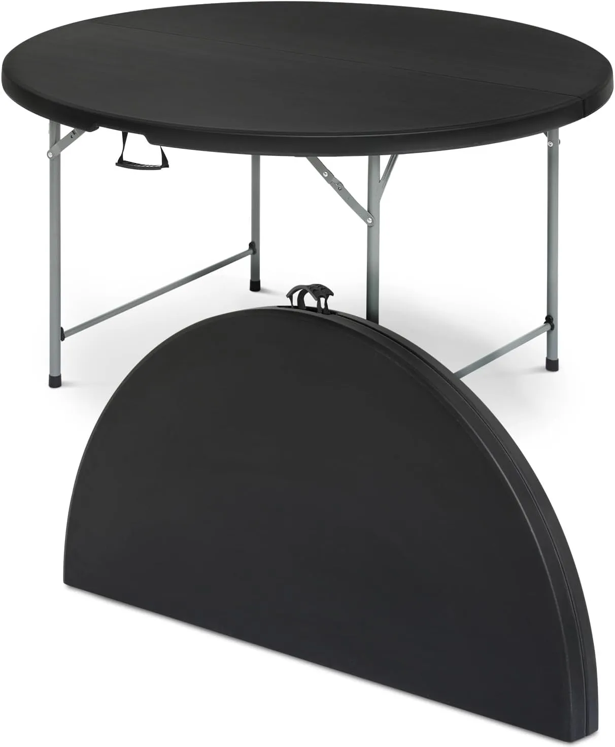 48 Inch Round Folding Table with Carry Handle, Portable Heavy Duty Plastic Utility Table with Steel Legs for Party, Wedding, Camping, Indoor, Outdoor Event, Black