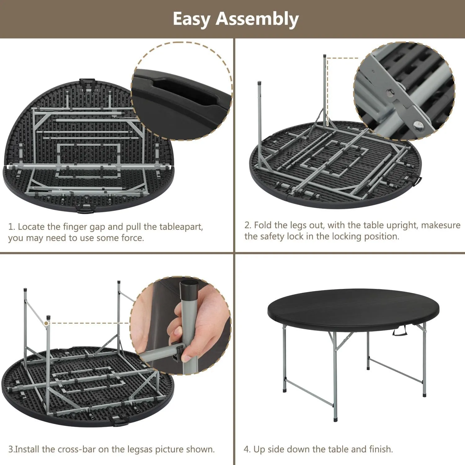 48 Inch Round Folding Table with Carry Handle, Portable Heavy Duty Plastic Utility Table with Steel Legs for Party, Wedding, Camping, Indoor, Outdoor Event, Black