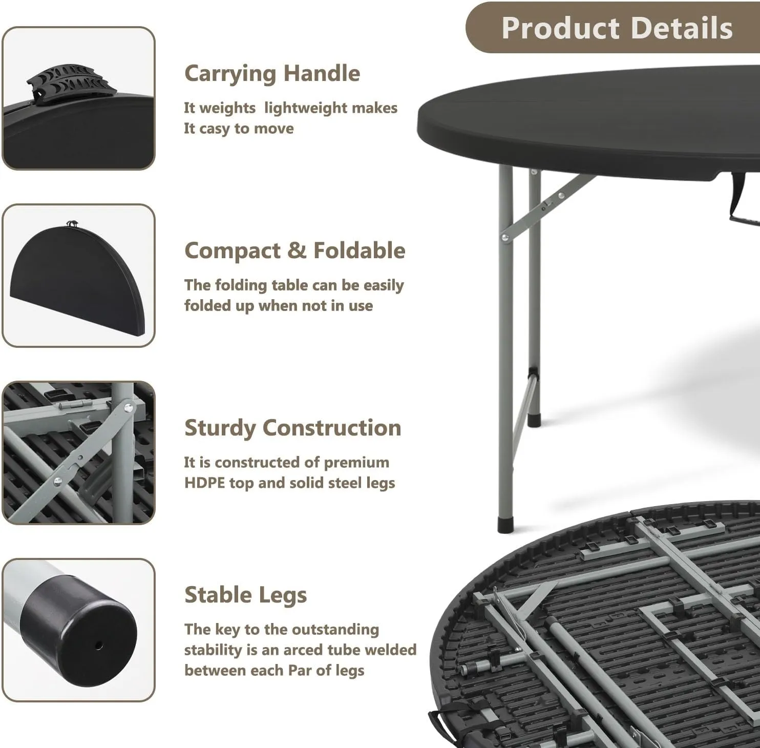 48 Inch Round Folding Table with Carry Handle, Portable Heavy Duty Plastic Utility Table with Steel Legs for Party, Wedding, Camping, Indoor, Outdoor Event, Black